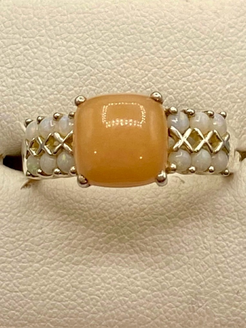 Sterling Silver Rhodium Flashed Square Cabochon Beige Stone Opal Accents Ring